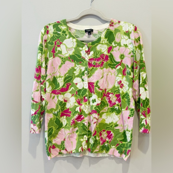 Talbots Sweaters - Talbots Women's Floral Cardigan Sweater Preppy - Green and Pink 3/4 Sleeve